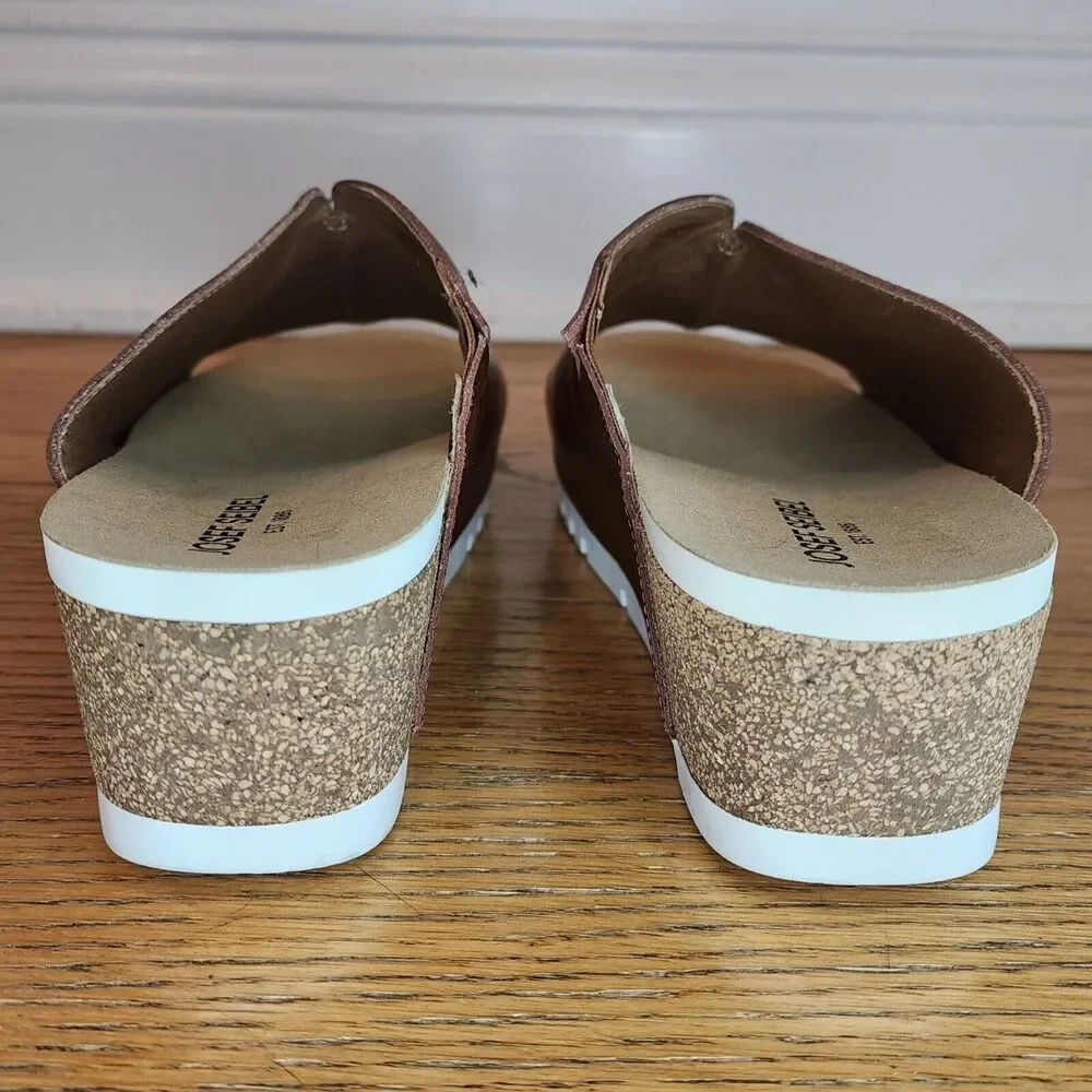 Josef Seibel Quinn Leather Slip On Comfort Wedge Sandal Brown EU 41 US 10 10.5